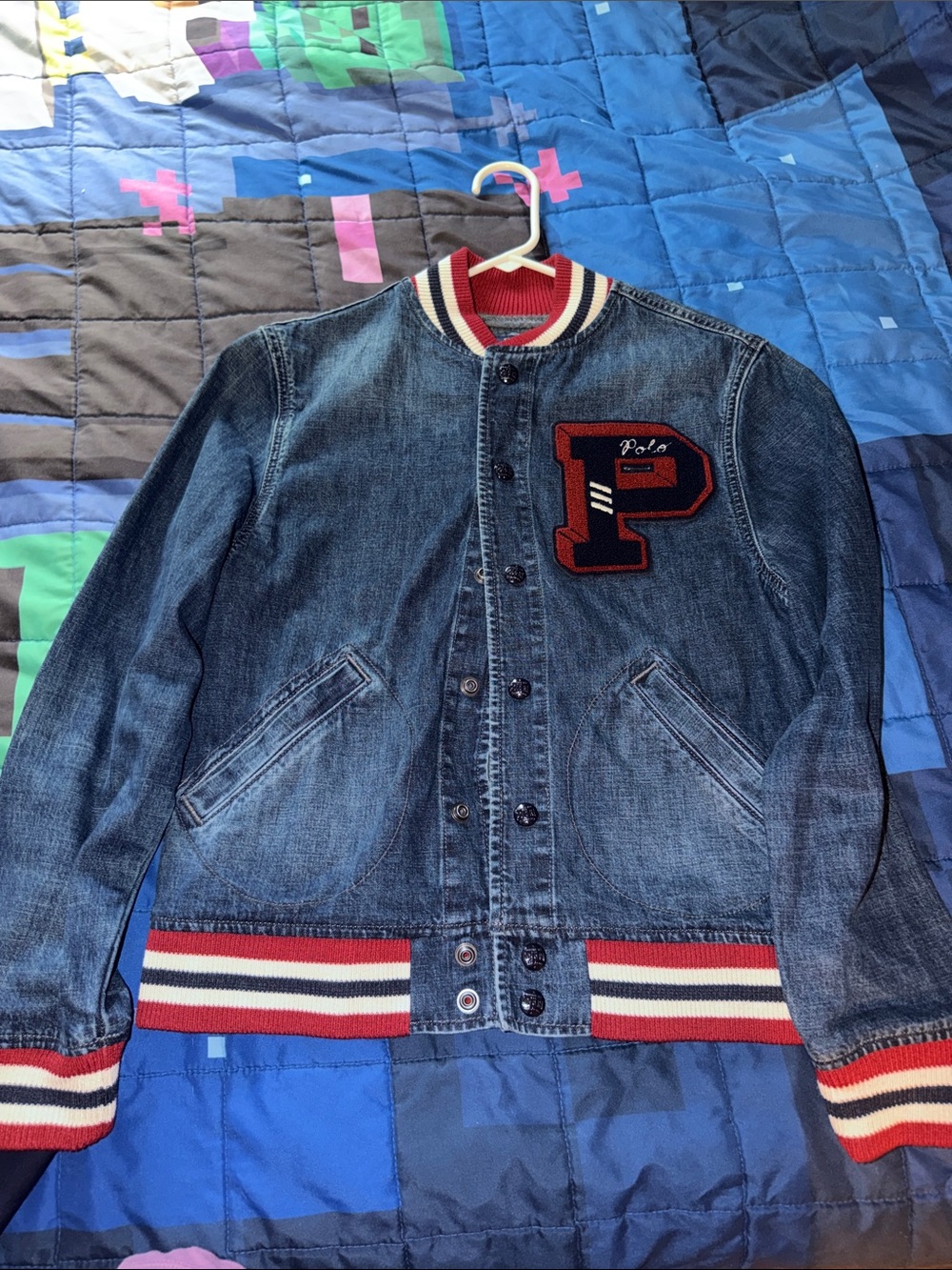 Polo by Ralph Lauren Blue Denim Varsity Jacket with Red & White Trim